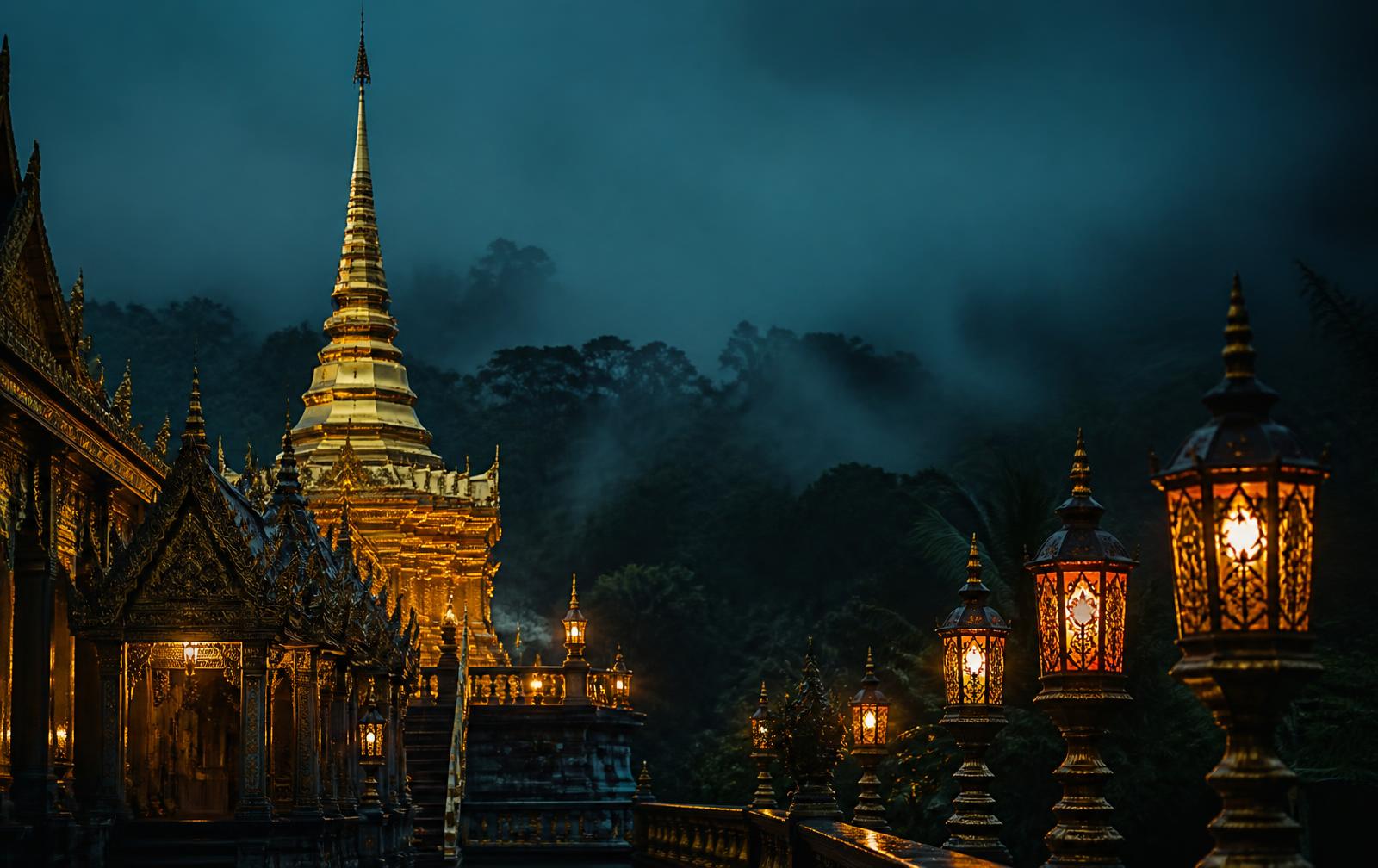 Golden Thai temple spire and lanterns glowing at dusk
